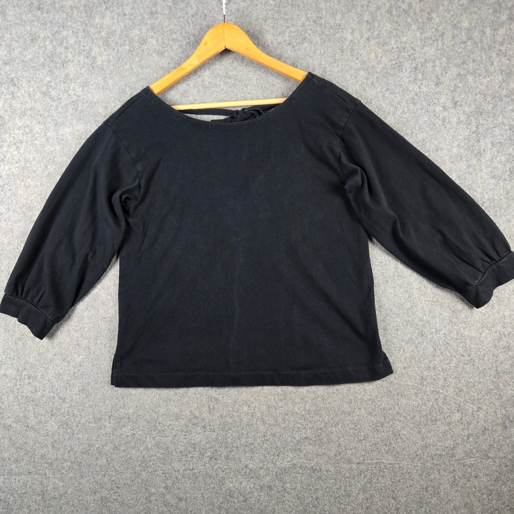 J Crew Top Womens XS Black Tie Back V-Neck 3/4 Sleeve Cotton Balletcore Ribbed